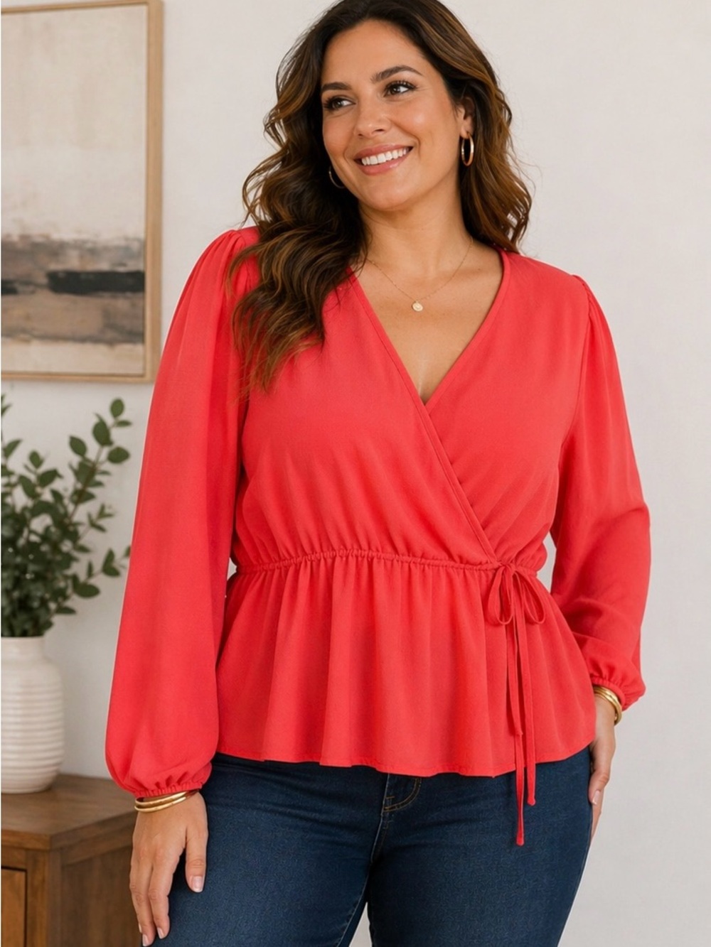Now N Forever Coral Wrap Blouse 3X Plus Size Peplum Tie Waist Top
